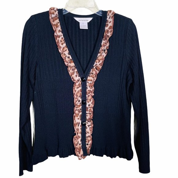 Misook Black Ribbed Cardigan Leopard Ruffle XS - Picture 1 of 5